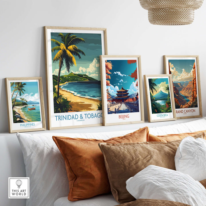 Trinidad & Tobago Caribbean Print | Tropical Poster displayed among other travel-themed posters on a cozy couch.