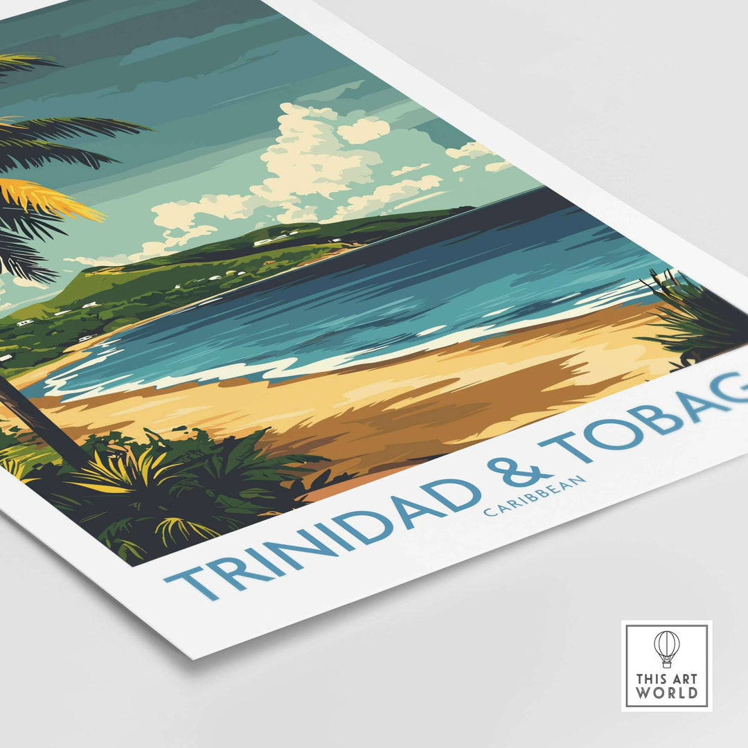 Trinidad & Tobago Caribbean Print | Tropical Poster showcasing a vibrant beach scene with palm trees and azure waters.
