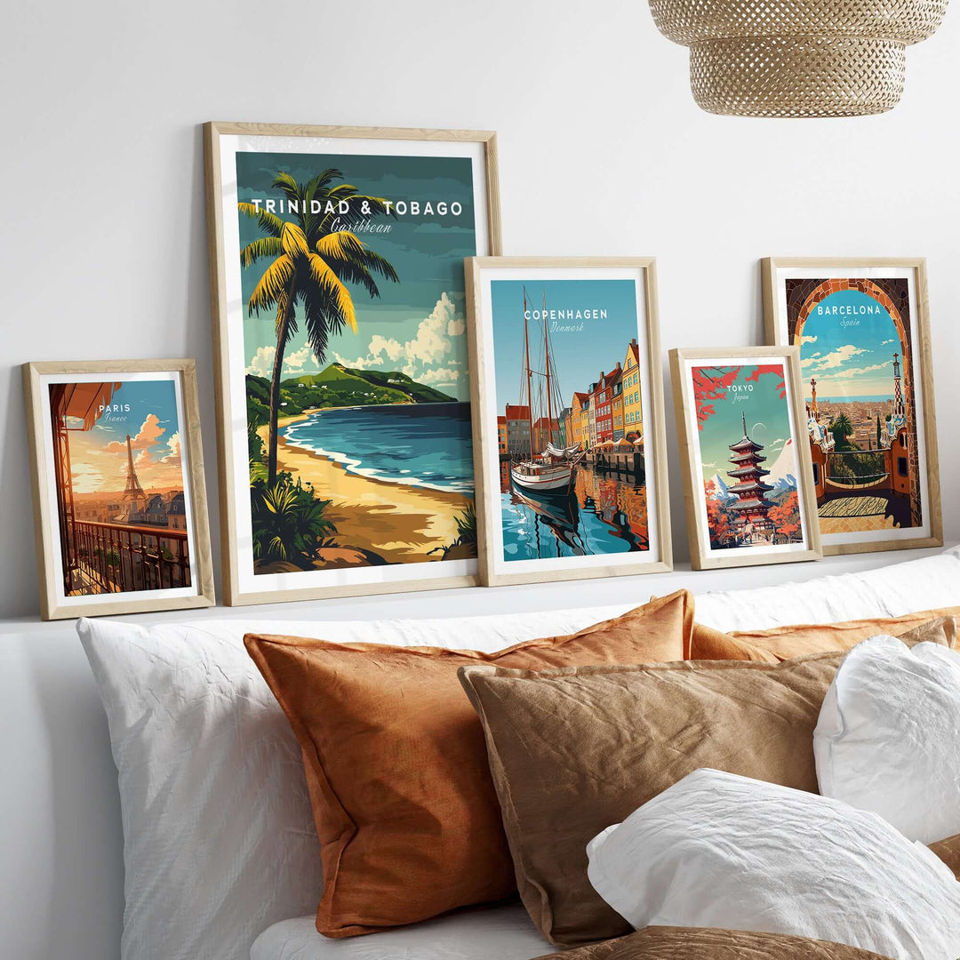 Trinidad & Tobago Poster| Caribbean Wall Art showcasing vibrant island scenery and framed prints on a cozy sofa.