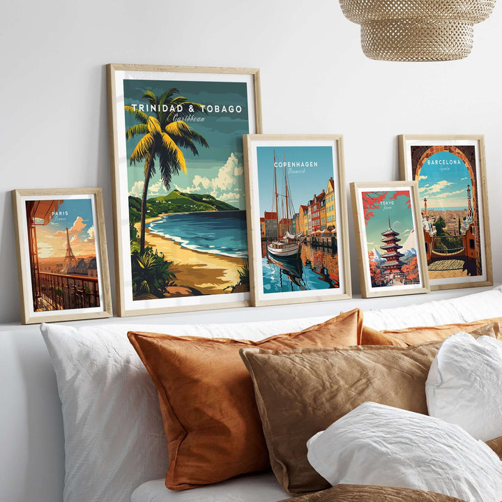 Trinidad & Tobago Poster| Caribbean Wall Art showcasing vibrant island scenery and framed prints on a cozy sofa.