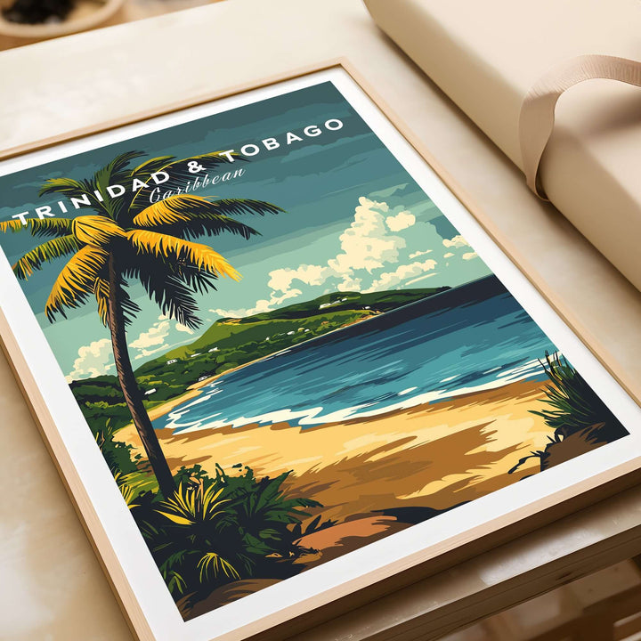 Trinidad & Tobago Poster| Caribbean Wall Art featuring a vibrant beach scene with palm trees and clear blue water.