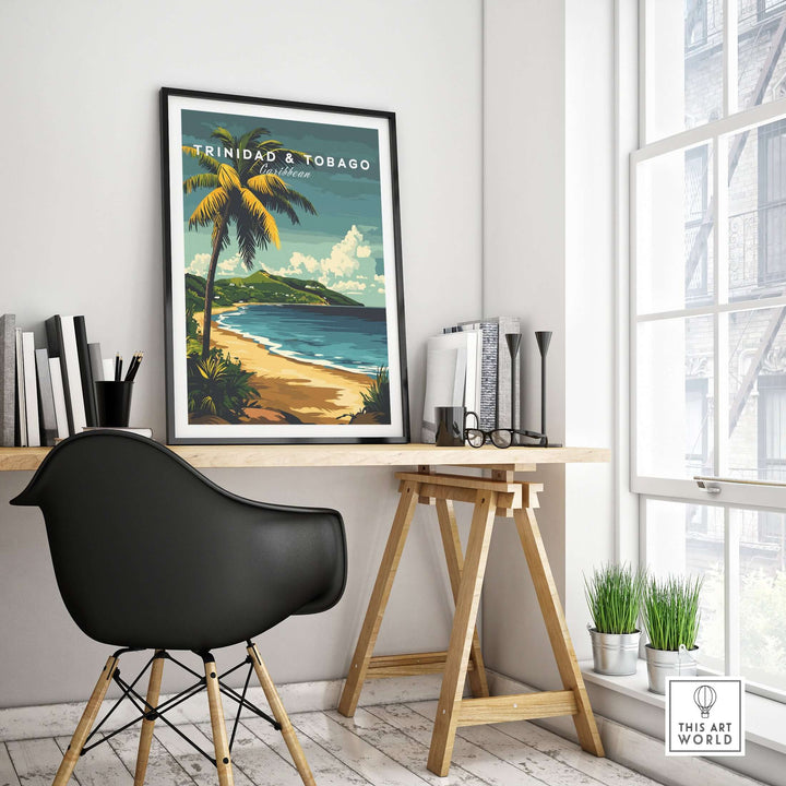 Trinidad & Tobago Poster| Caribbean Wall Art featuring a scenic beach view in a stylish home office setting.