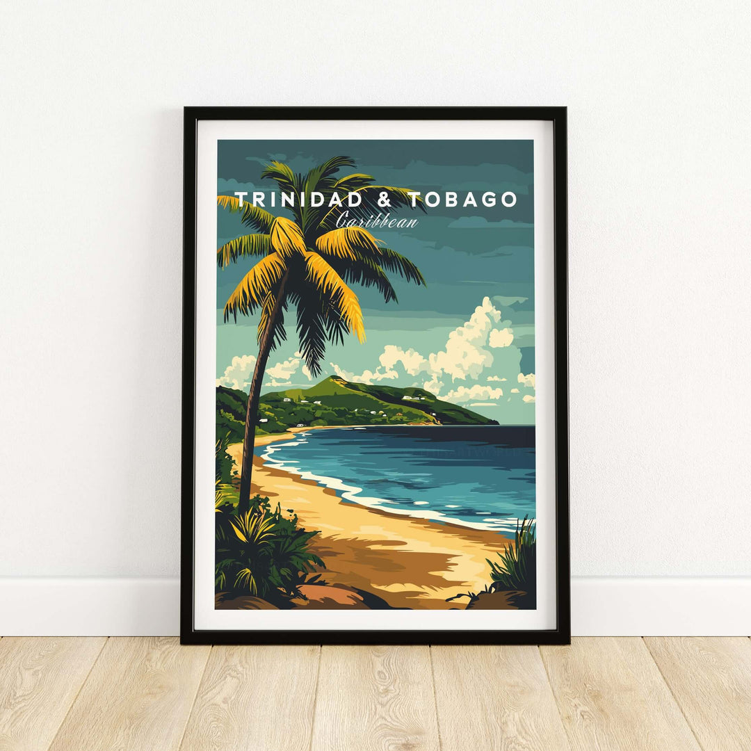Trinidad & Tobago Poster| Caribbean Wall Art featuring a tropical beach scene with palm trees and vibrant colors.