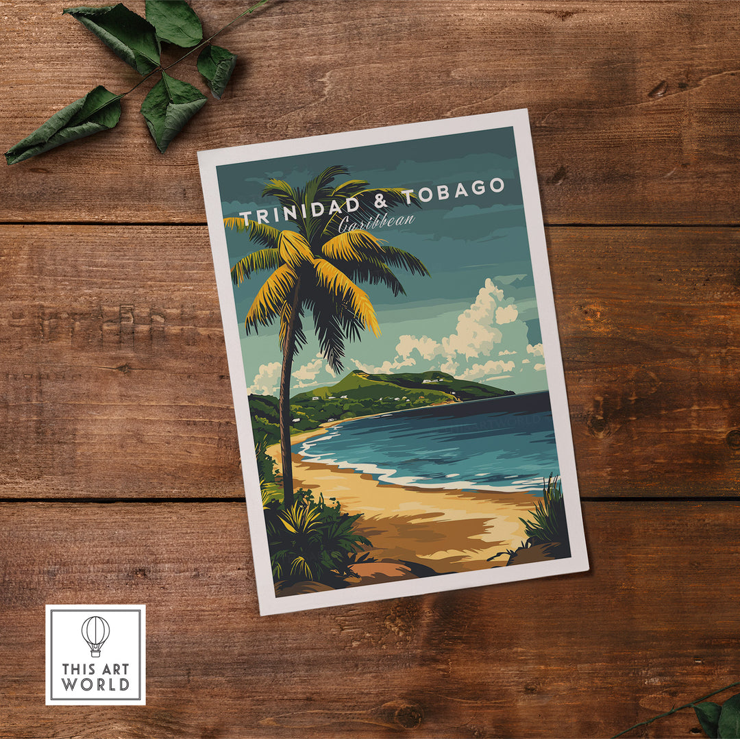 Trinidad & Tobago Poster| Caribbean Wall Art showcasing tropical beach with palm trees and vibrant scenery.