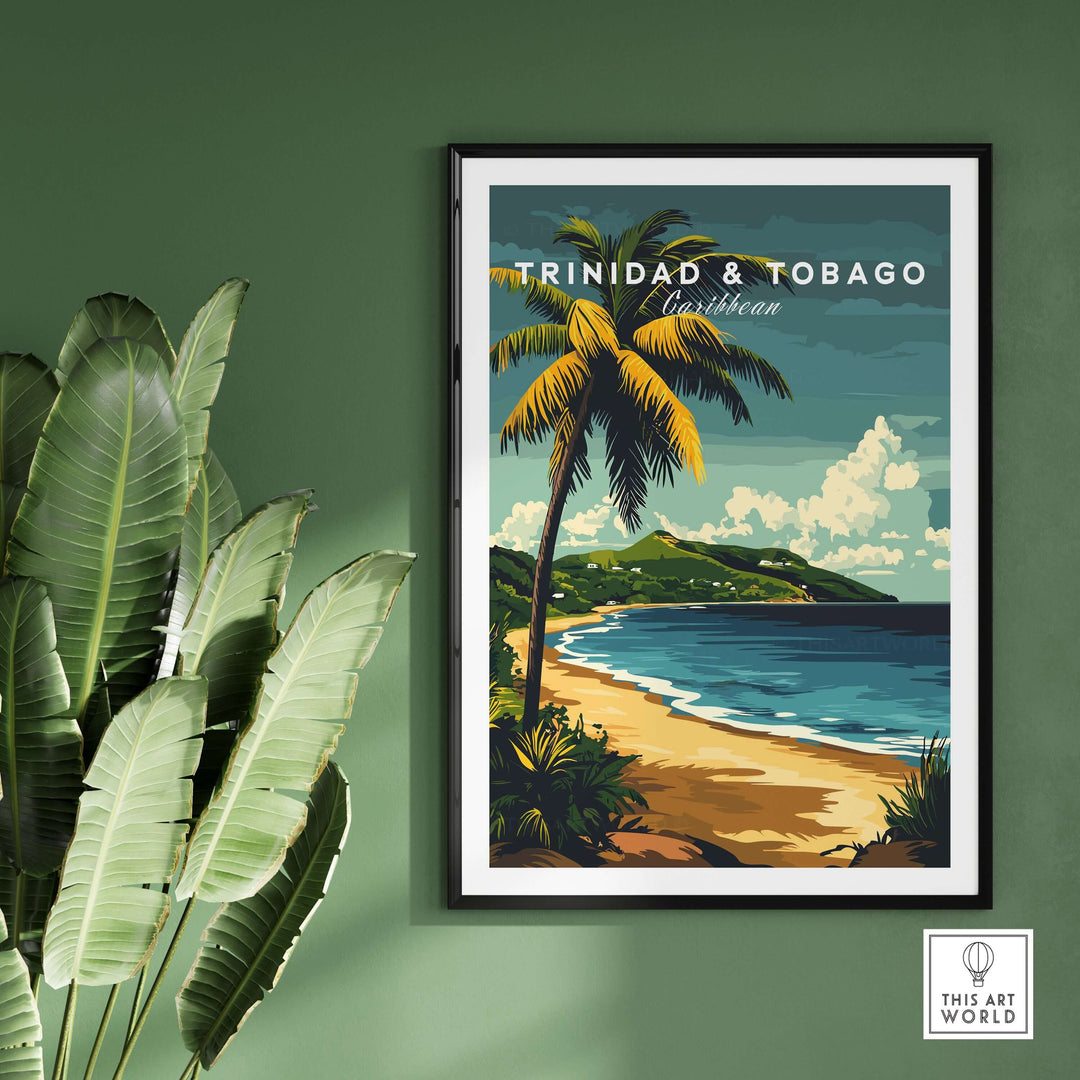 Trinidad & Tobago Poster| Caribbean Wall Art featuring a palm tree and beach scene