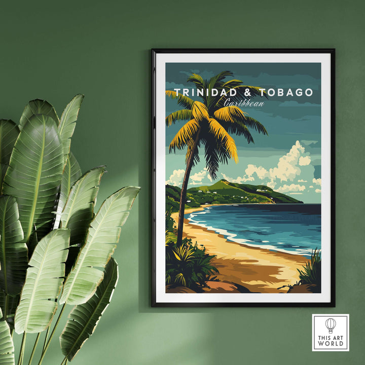 Trinidad & Tobago Poster| Caribbean Wall Art featuring a palm tree and beach scene