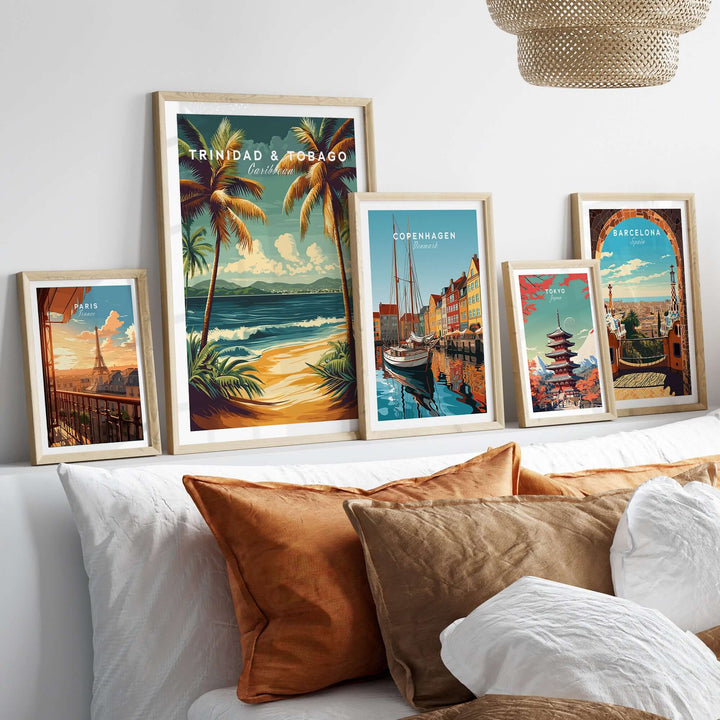 Trinidad & Tobago Print | Caribbean Home Decor displayed among other vibrant travel prints on a cozy sofa.