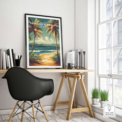Trinidad & Tobago Print | Caribbean Home Decor framed on wall above a stylish desk with plants in a bright, modern interior.