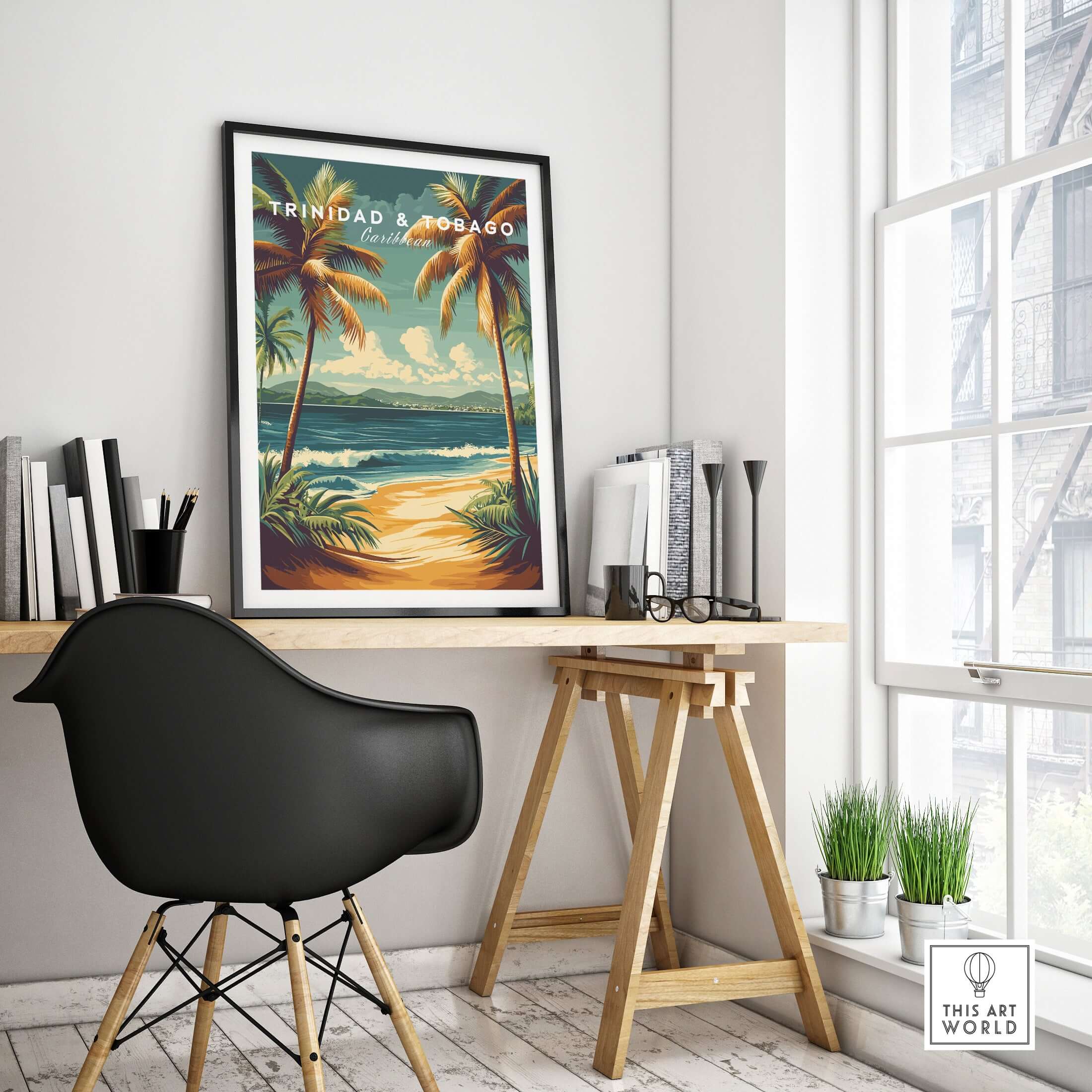 Trinidad & Tobago Print | Caribbean Home Decor framed on wall above a stylish desk with plants in a bright, modern interior.