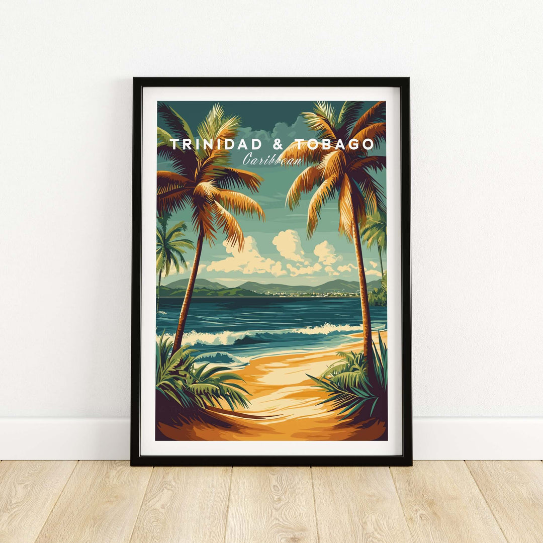 Trinidad & Tobago Print | Caribbean Home Decor featuring tropical beach scene with palm trees and ocean waves.