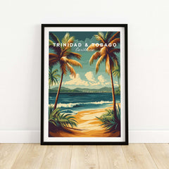 Trinidad & Tobago Print | Caribbean Home Decor featuring palm trees and ocean waves in a vibrant tropical scene.