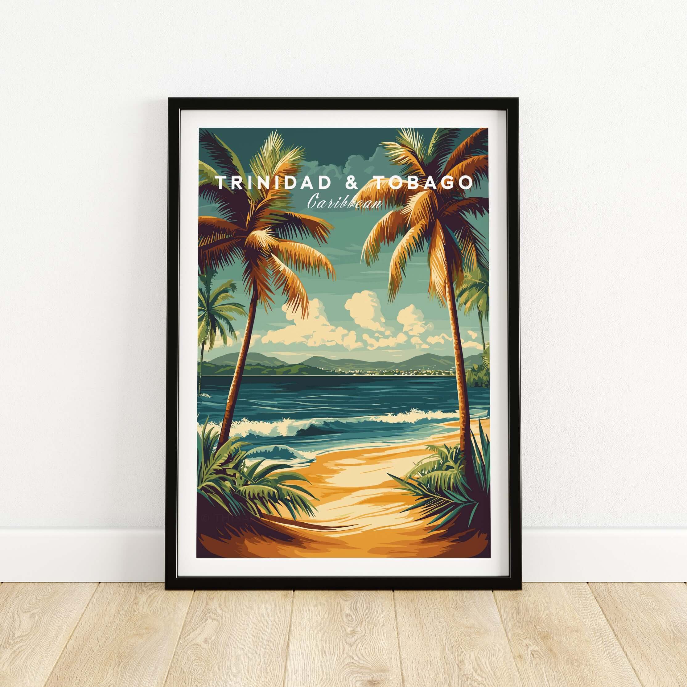 Trinidad & Tobago Print | Caribbean Home Decor featuring palm trees and ocean waves in a vibrant tropical scene.