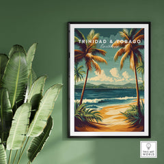 Trinidad & Tobago Print | Caribbean Home Decor featuring palm trees and ocean view in vibrant colors.