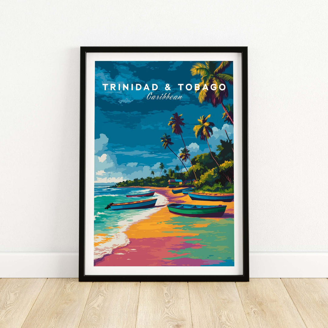 Trinidad and Tobago Print | Island Travel Wall Art featuring vibrant beach and palm trees in Caribbean colors.
