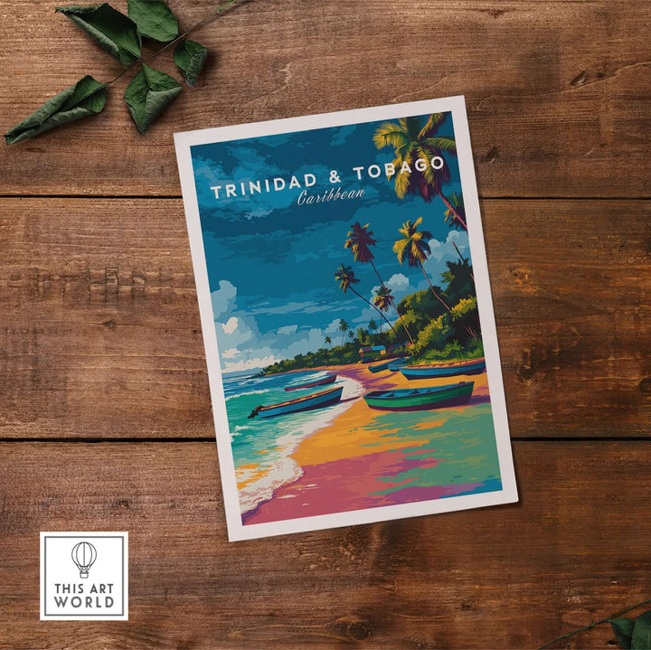 Trinidad and Tobago Print | Island Travel Wall Art displayed on a wooden surface, showcasing vibrant Caribbean scenery.