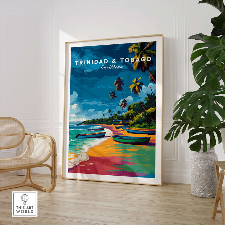 Trinidad and Tobago Print | Island Travel Wall Art featuring a vibrant Caribbean landscape with boats and palm trees.