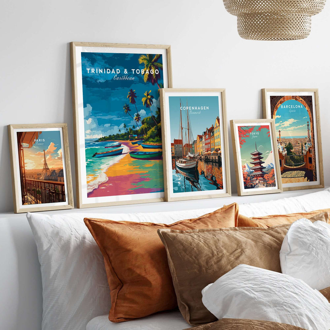 Trinidad and Tobago Print | Island Travel Wall Art displayed with other travel posters on a stylish home decor setup.