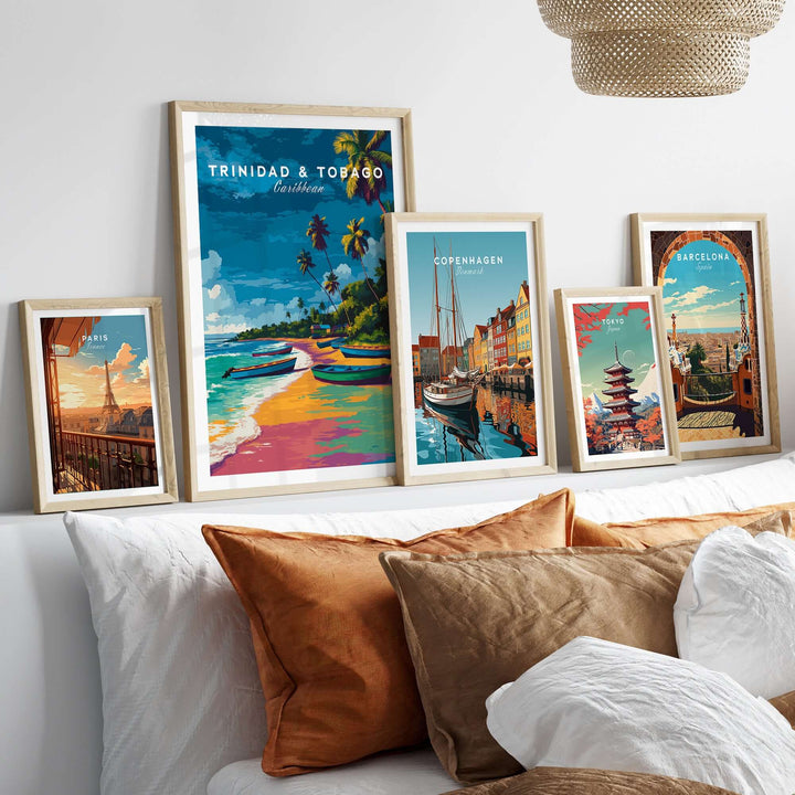Trinidad and Tobago Print | Island Travel Wall Art displayed with other travel posters on a stylish home decor setup.