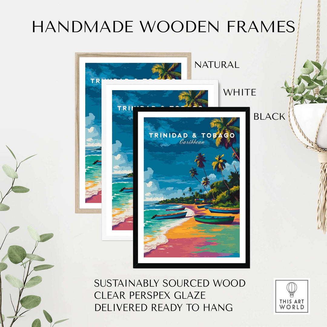 Trinidad and Tobago Print | Island Travel Wall Art framed in natural, white, and black handmade wooden frames.