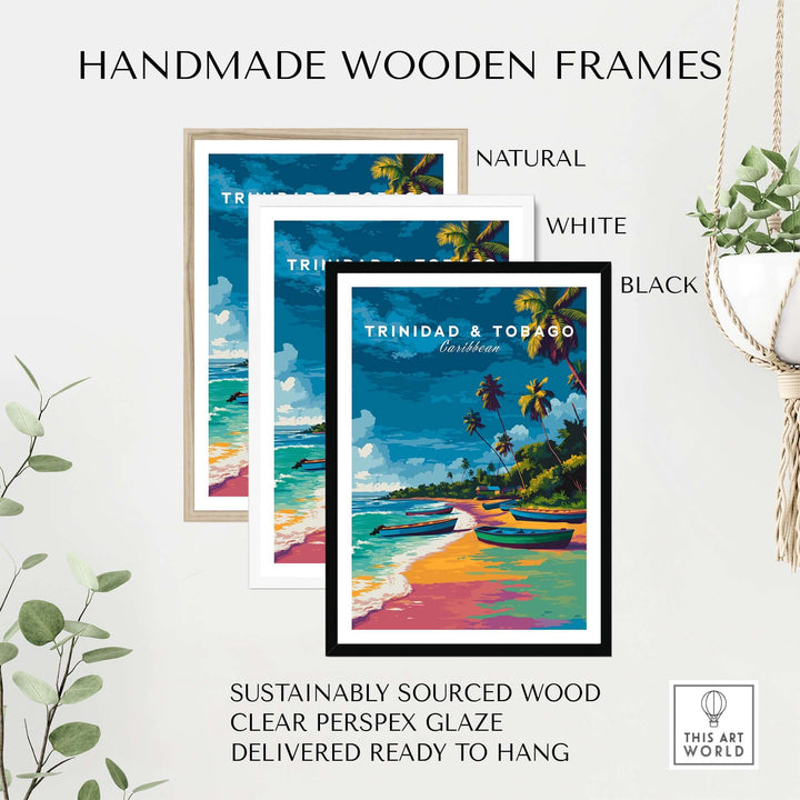 Trinidad and Tobago Print | Island Travel Wall Art framed in natural, white, and black handmade wooden frames.