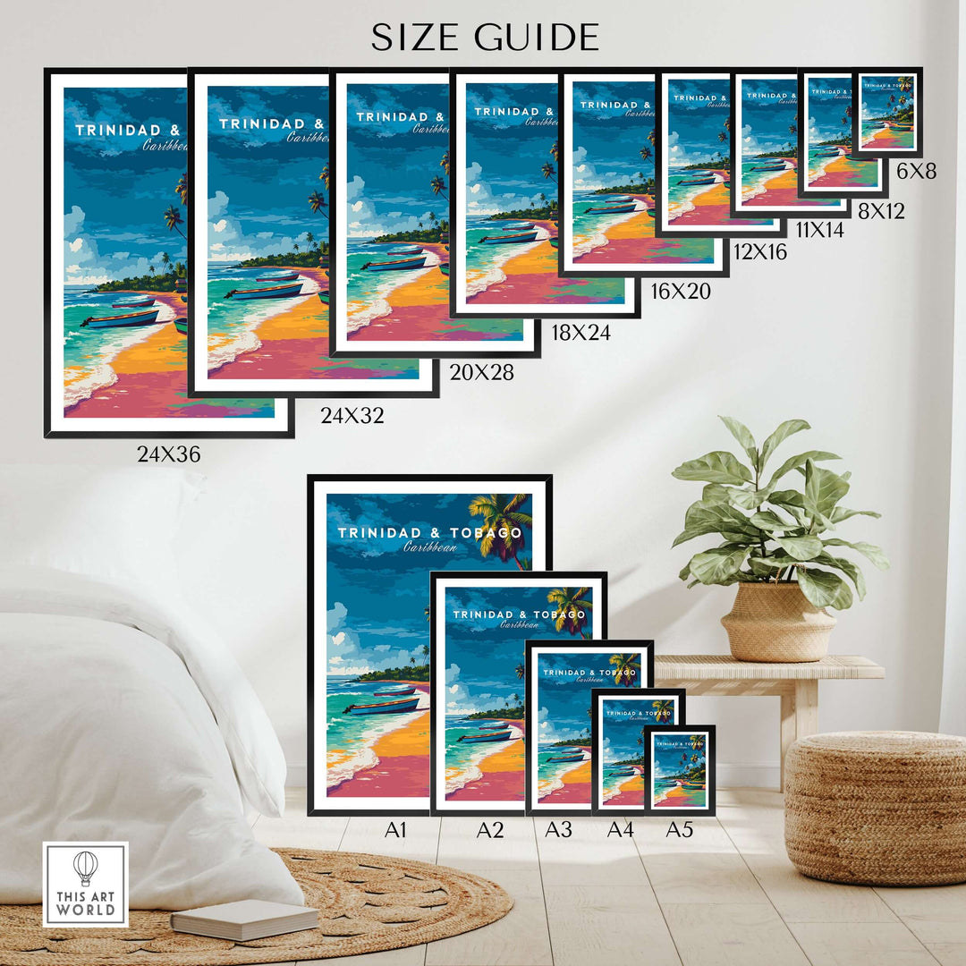 Trinidad and Tobago Print | Island Travel Wall Art size guide showcasing various framed sizes and vibrant colors.