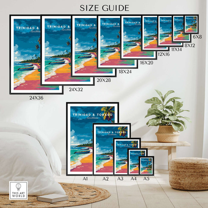 Trinidad and Tobago Print | Island Travel Wall Art size guide showcasing various framed sizes and vibrant colors.
