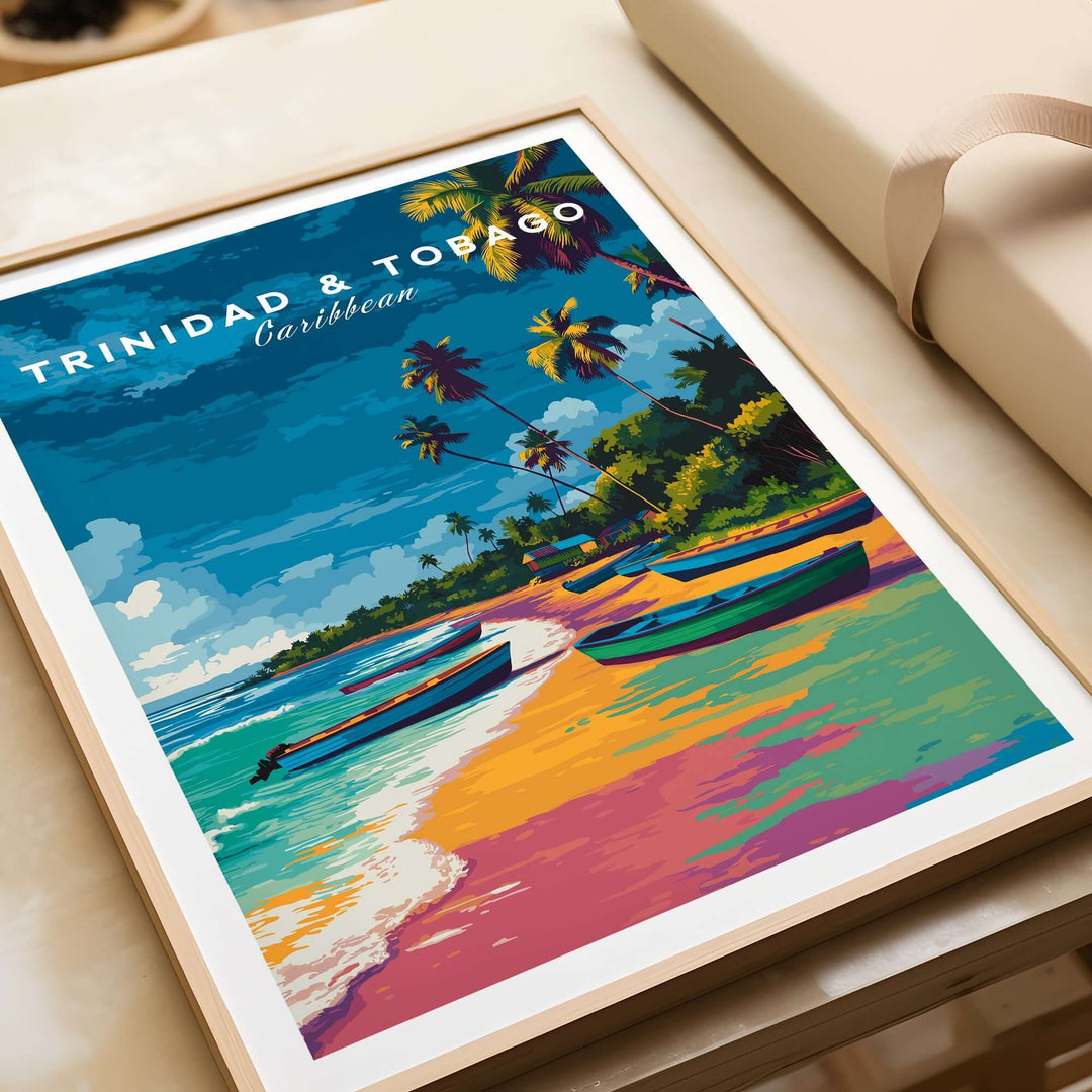 Trinidad and Tobago Print | Island Travel Wall Art featuring colorful boats and palm trees on a tropical beach