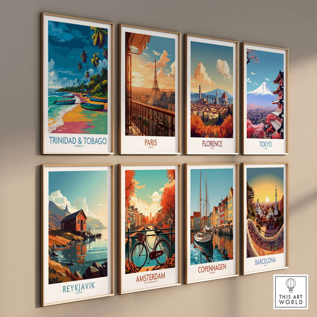 Trinidad & Tobago Print | Tropical Caribbean Poster among other vibrant city posters on a wall.