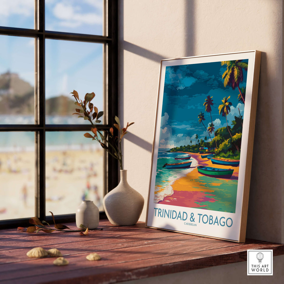 Trinidad & Tobago Print | Tropical Caribbean Poster displayed in a cozy room with palm trees and beach views.