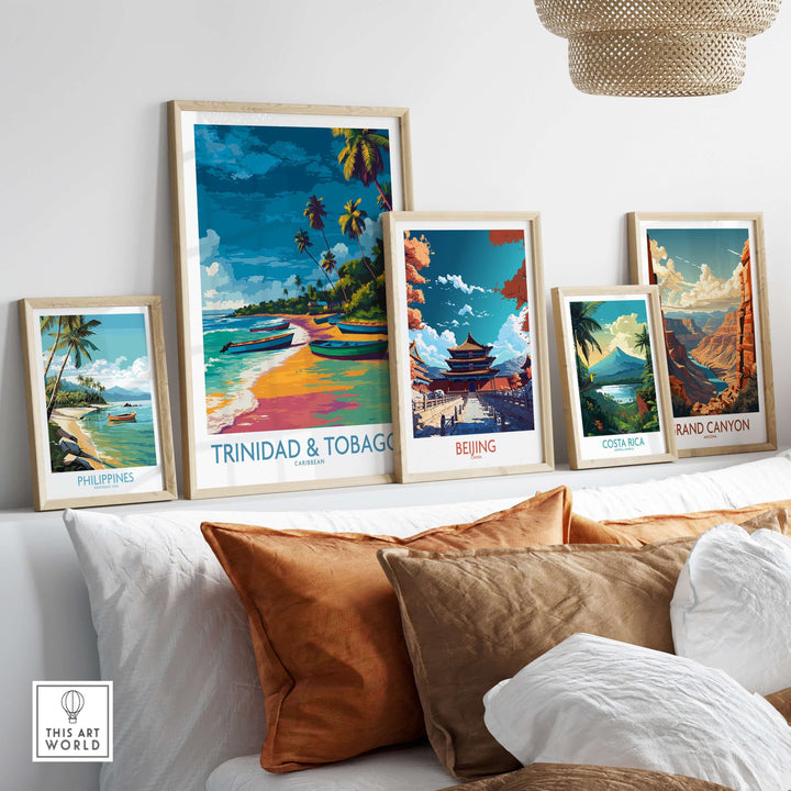 Trinidad & Tobago Print | Tropical Caribbean Poster displayed among travel prints on a stylish wall decor.