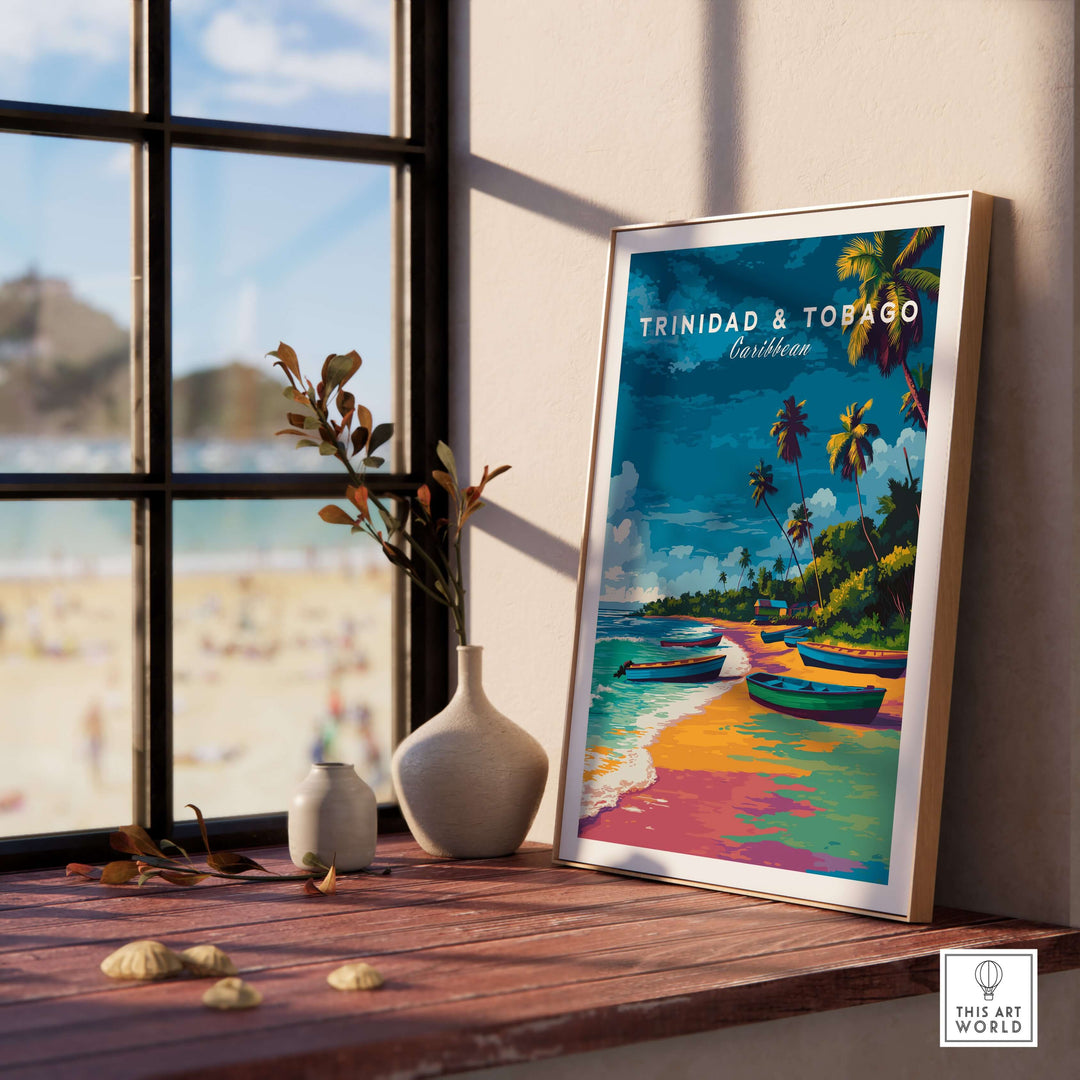 Trinidad and Tobago Print | Island Travel Wall Art displayed on a table by a sunny window with beach view.