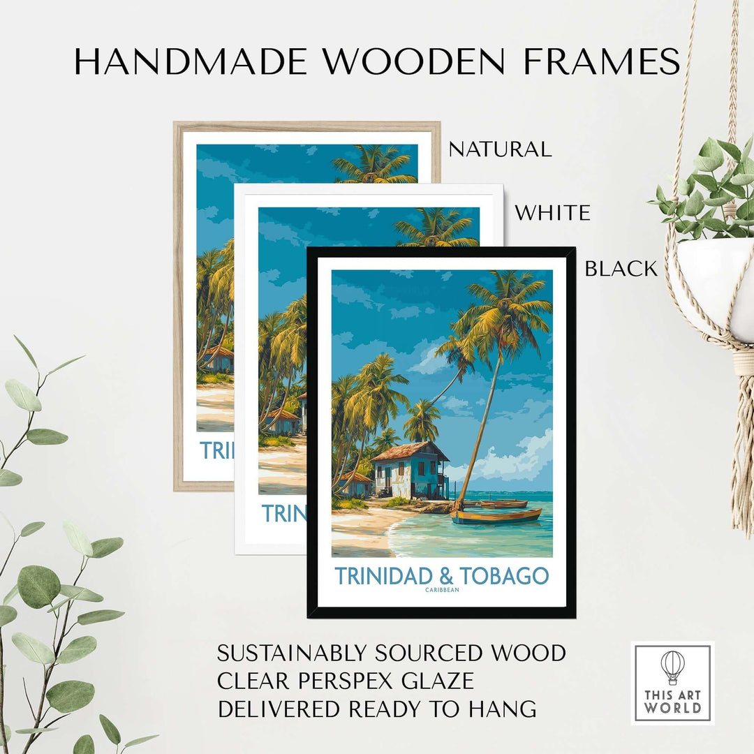 Handmade wooden frames for Trinidad & Tobago Caribbean Art Print | Tropical Palm Tree Poster in natural, white, and black finishes.