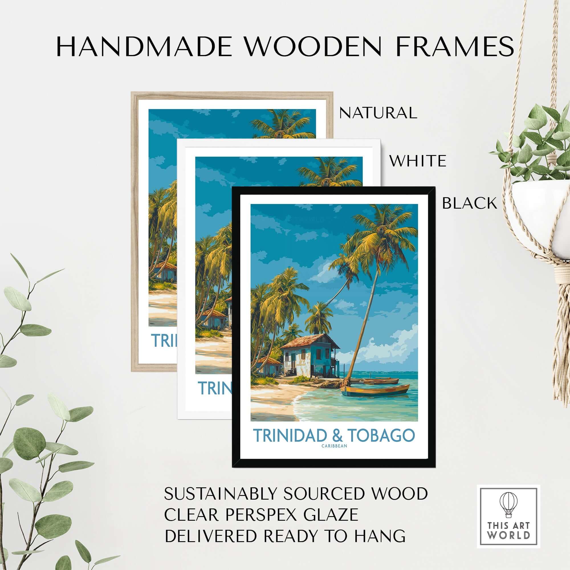 Handmade wooden frames for Trinidad & Tobago Caribbean Art Print | Tropical Palm Tree Poster in natural, white, and black.