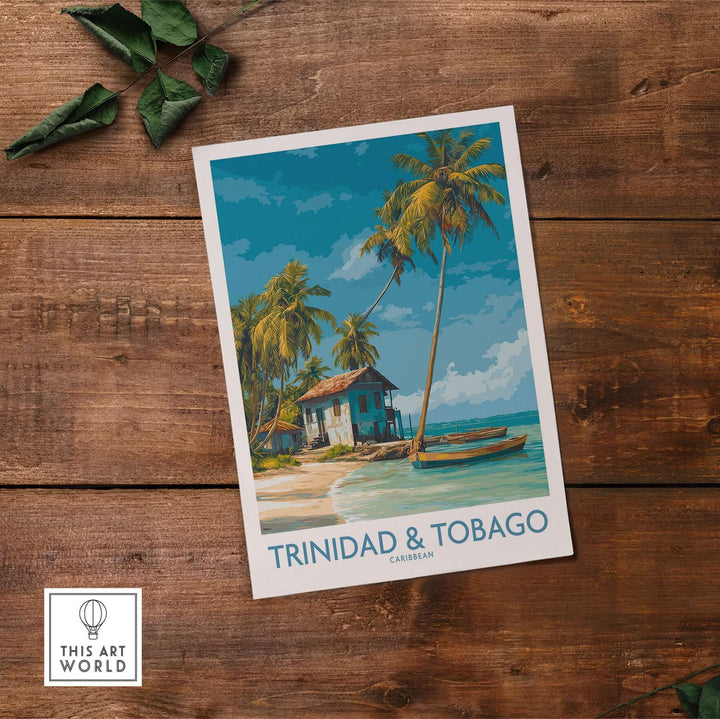 Trinidad & Tobago Caribbean Art Print | Tropical Palm Tree Poster featuring a house and boats by the beach.