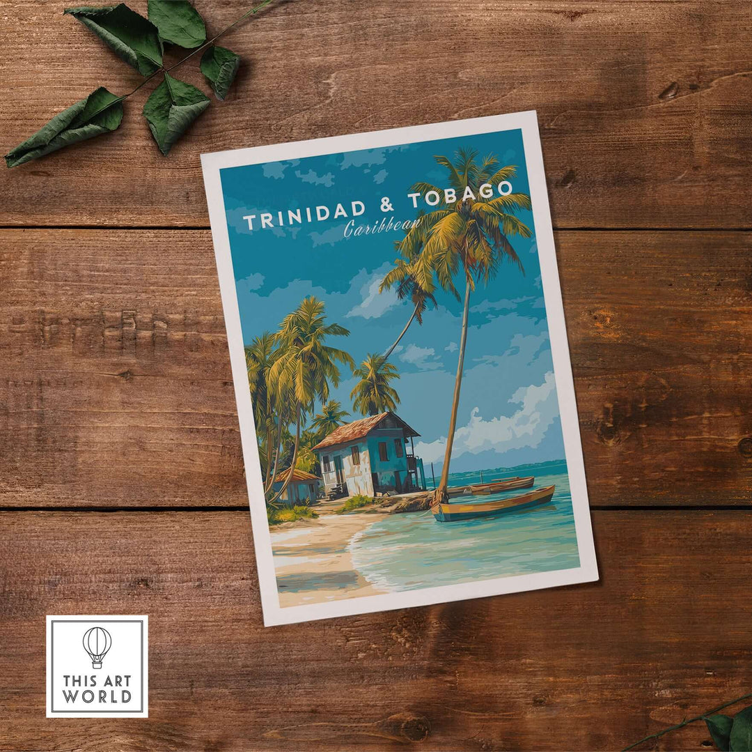 Trinidad & Tobago Beach Print | Caribbean Home Decor featuring a serene beach scene with palm trees and a traditional house.