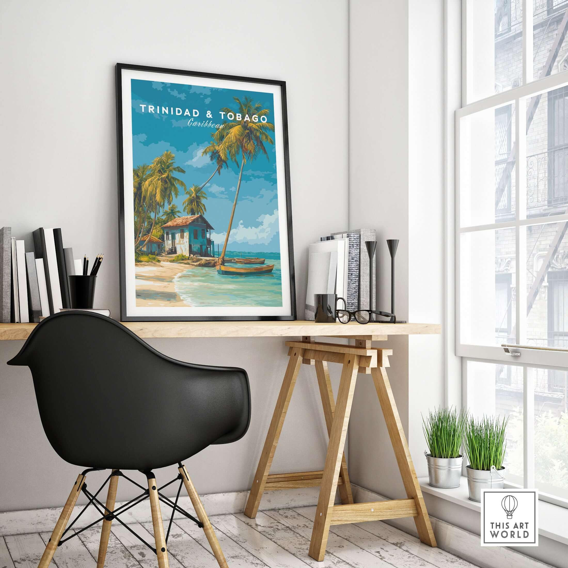 Trinidad & Tobago Beach Print | Caribbean Home Decor showcasing a tropical scene with palm trees and a beach house.