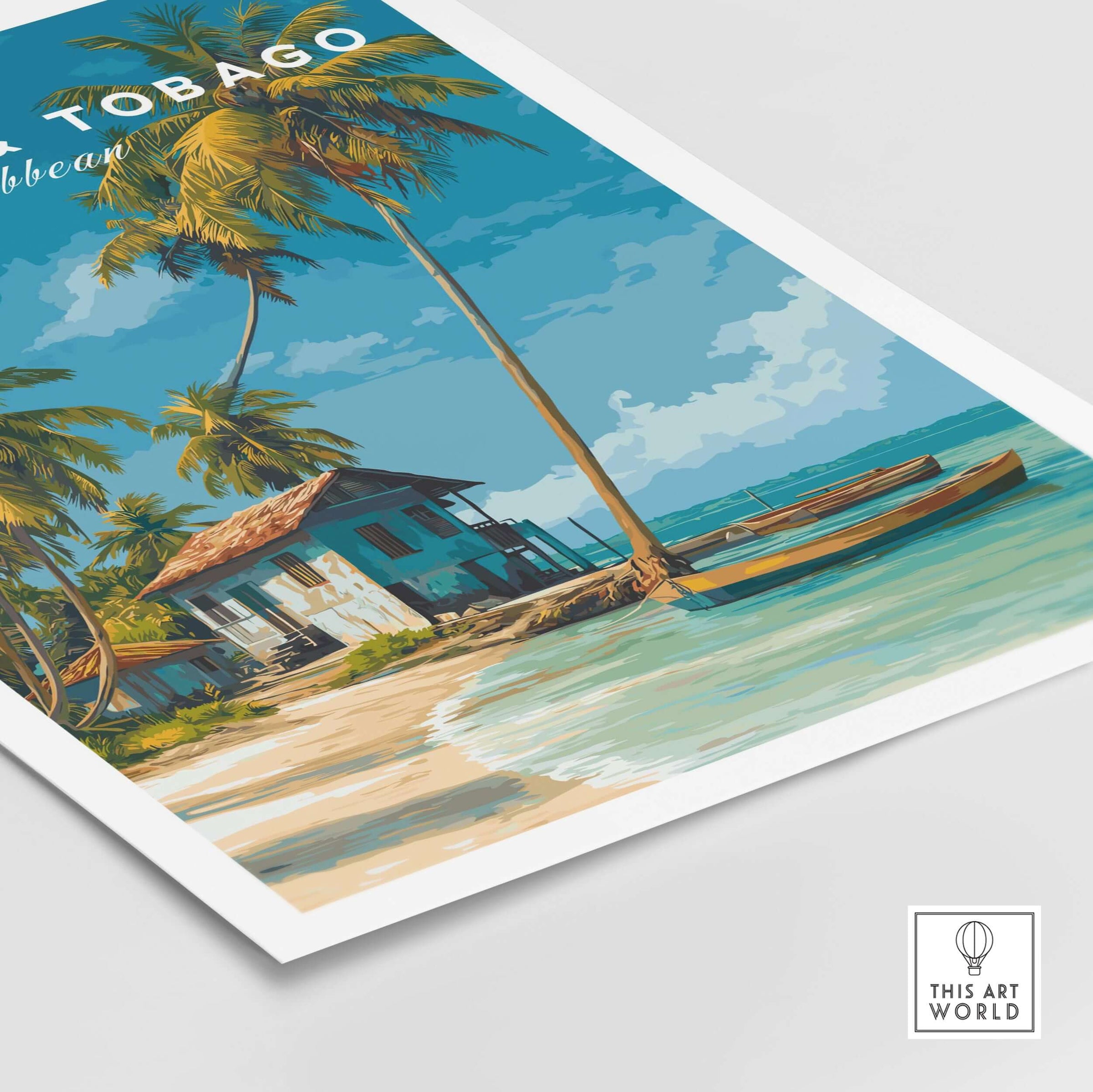 Trinidad & Tobago Beach Print | Caribbean Home Decor featuring a tropical scene with palm trees and a beach house.