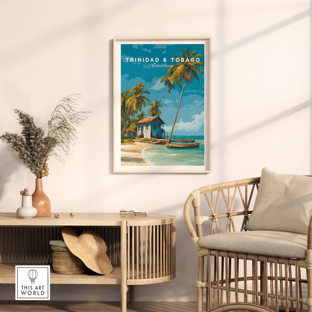 Trinidad & Tobago Beach Print | Caribbean Home Decor featuring a coastal scene with palm trees and a rustic house.