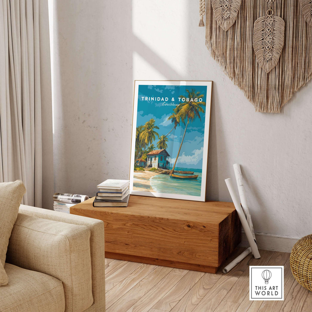 Trinidad & Tobago Beach Print | Caribbean Home Decor featuring a tropical scene with palms and a beach house.