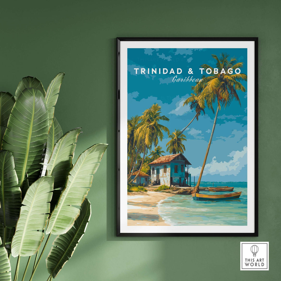 Trinidad & Tobago Beach Print | Caribbean Home Decor featuring a tropical scene with palm trees and a beach house.