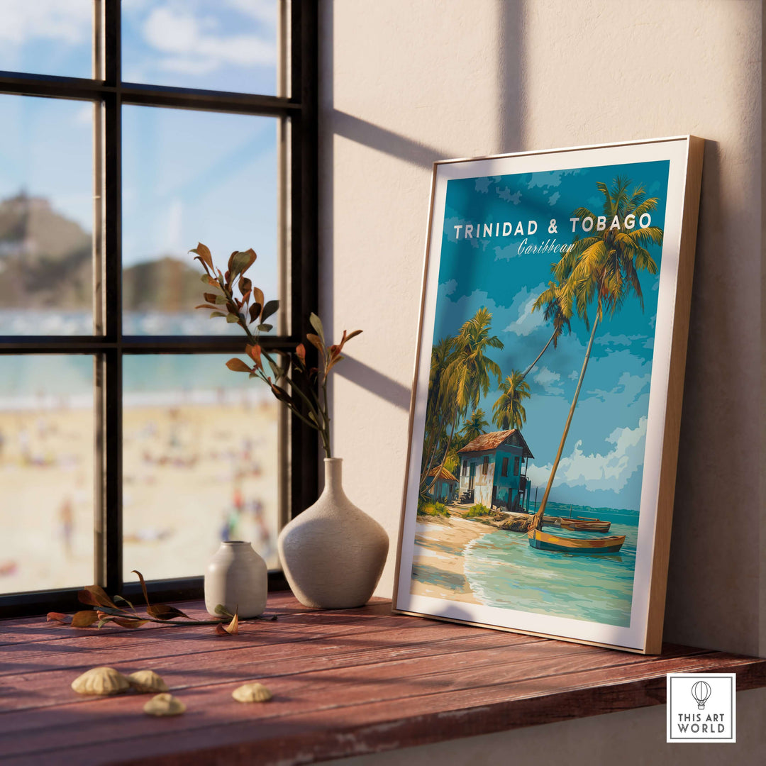 Trinidad & Tobago Beach Print | Caribbean Home Decor displayed in a sunlit room with coastal decor and beach view.