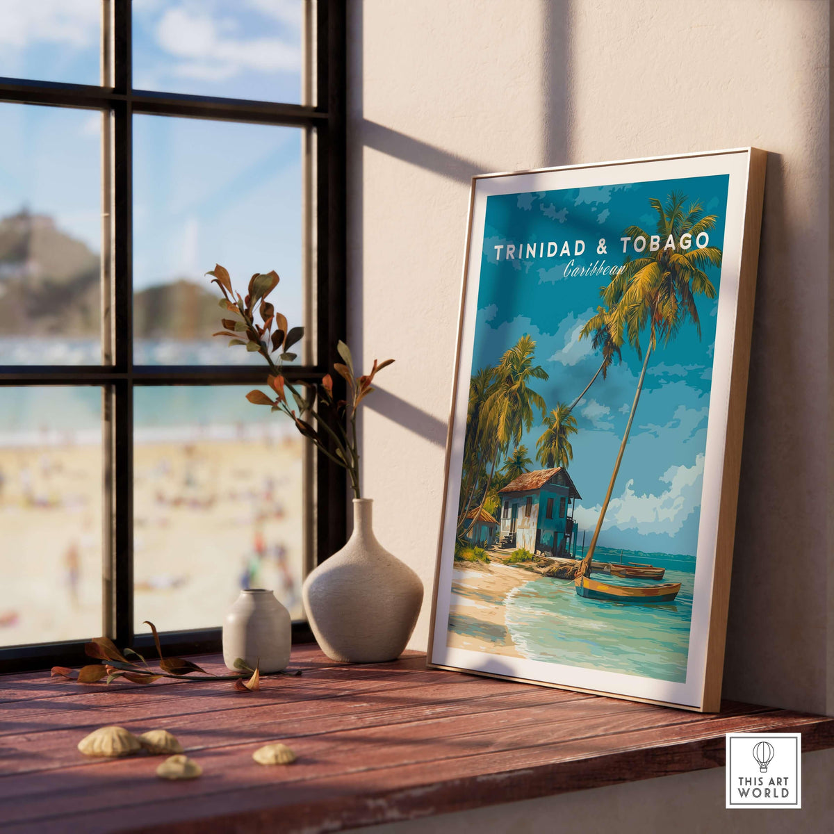 Trinidad & Tobago Beach Print | Caribbean Home Decor featuring a coastal landscape with palm trees and a beach view.
