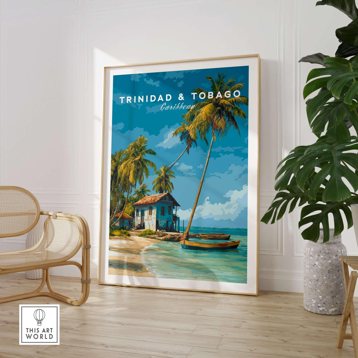 Trinidad & Tobago Beach Print | Caribbean Home Decor featuring a tropical beach scene with palm trees and a wooden house.