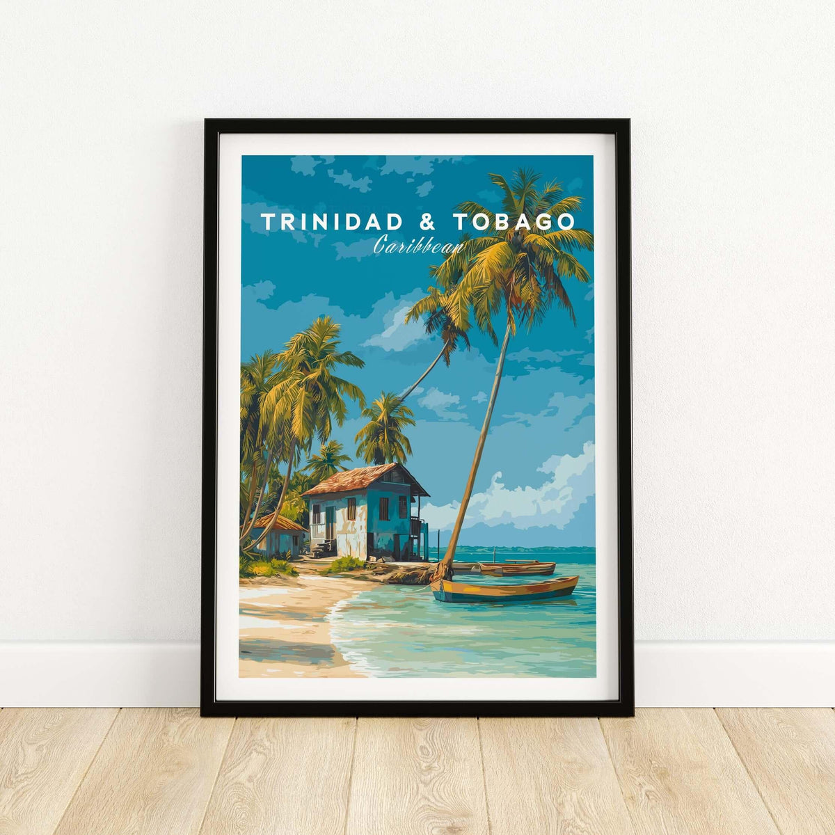 Trinidad & Tobago Beach Print | Caribbean Home Decor featuring a vibrant coastal scene with palm trees and a beach house.