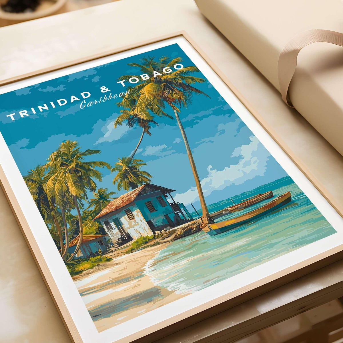 Trinidad & Tobago Beach Print | Caribbean Home Decor showcasing a serene tropical scene with palm trees and turquoise waters.