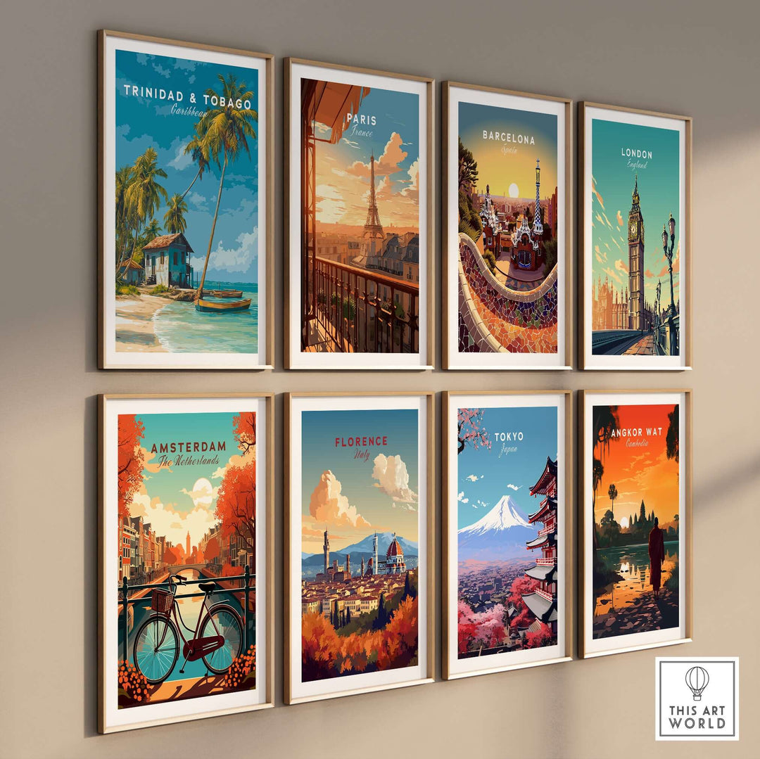 Trinidad & Tobago Beach Print | Caribbean Home Decor featuring various travel posters on a gallery wall.