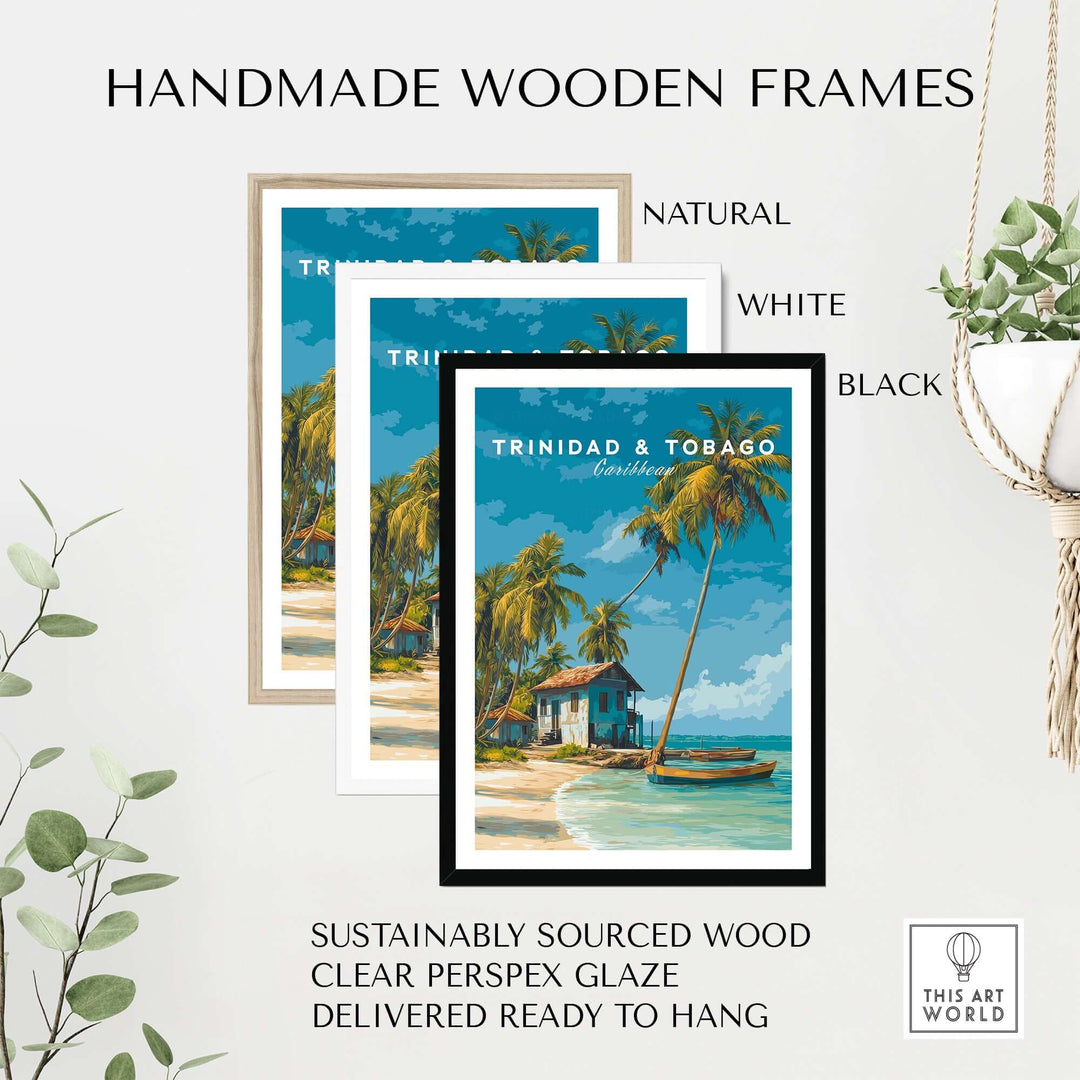 Handmade wooden frames featuring Trinidad & Tobago Beach Print | Caribbean Home Decor in natural, white, and black finishes.
