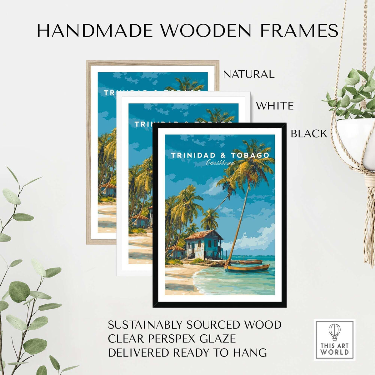 Trinidad & Tobago Beach Print | Caribbean Home Decor showcased in handmade wooden frames in natural, white, and black finishes.