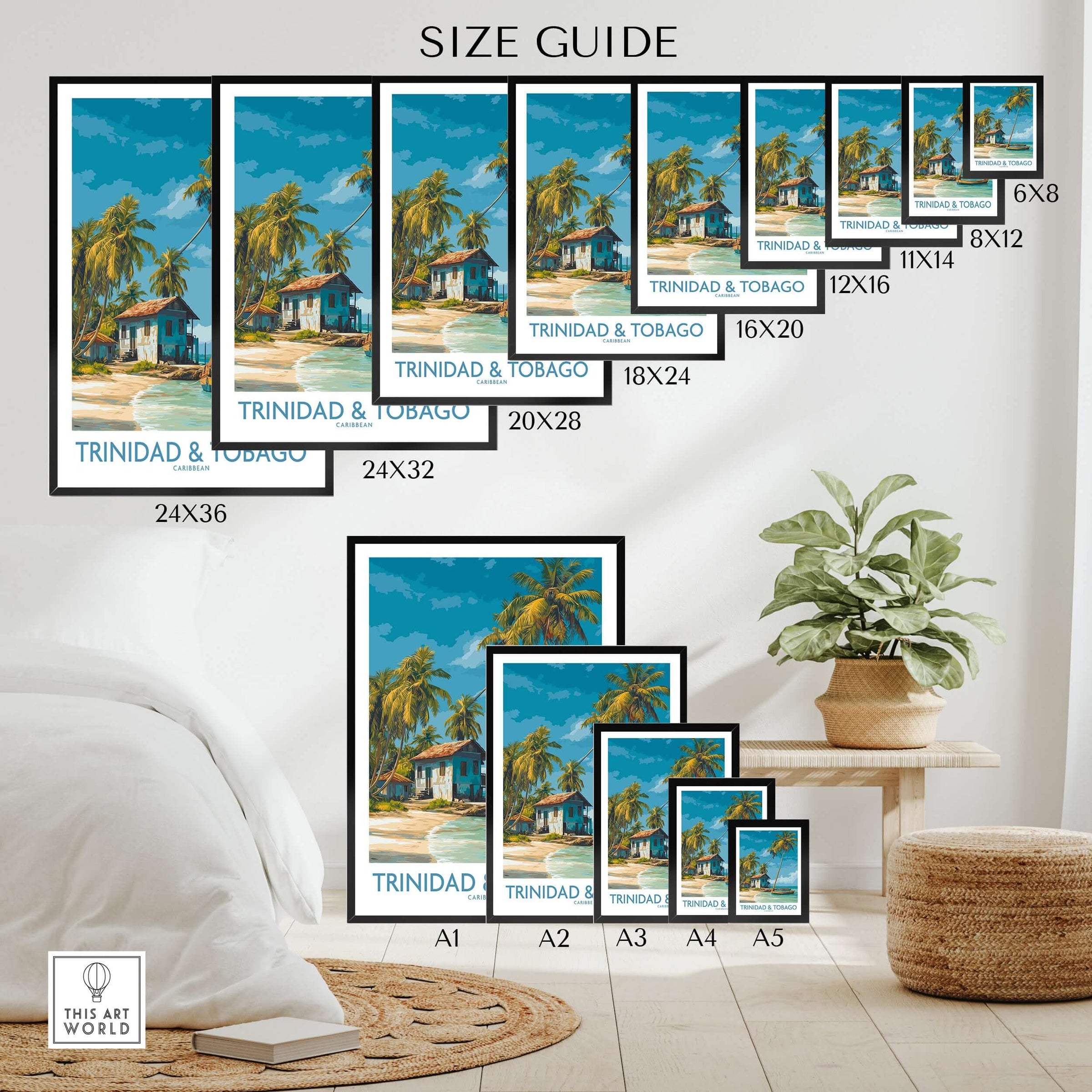 Trinidad & Tobago Caribbean Art Print | Tropical Palm Tree Poster size guide showcasing various print dimensions.