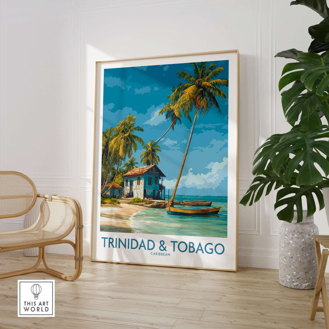 Trinidad & Tobago Caribbean Art Print | Tropical Palm Tree Poster featuring lush palms and a vibrant beach scene.